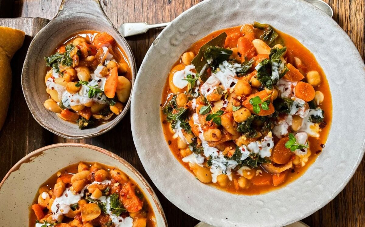 A vegan bean and kale stew, a high protein plant-based recipe