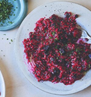 A vegan beetroot risotto made to a dairy-free and plant-based recipe