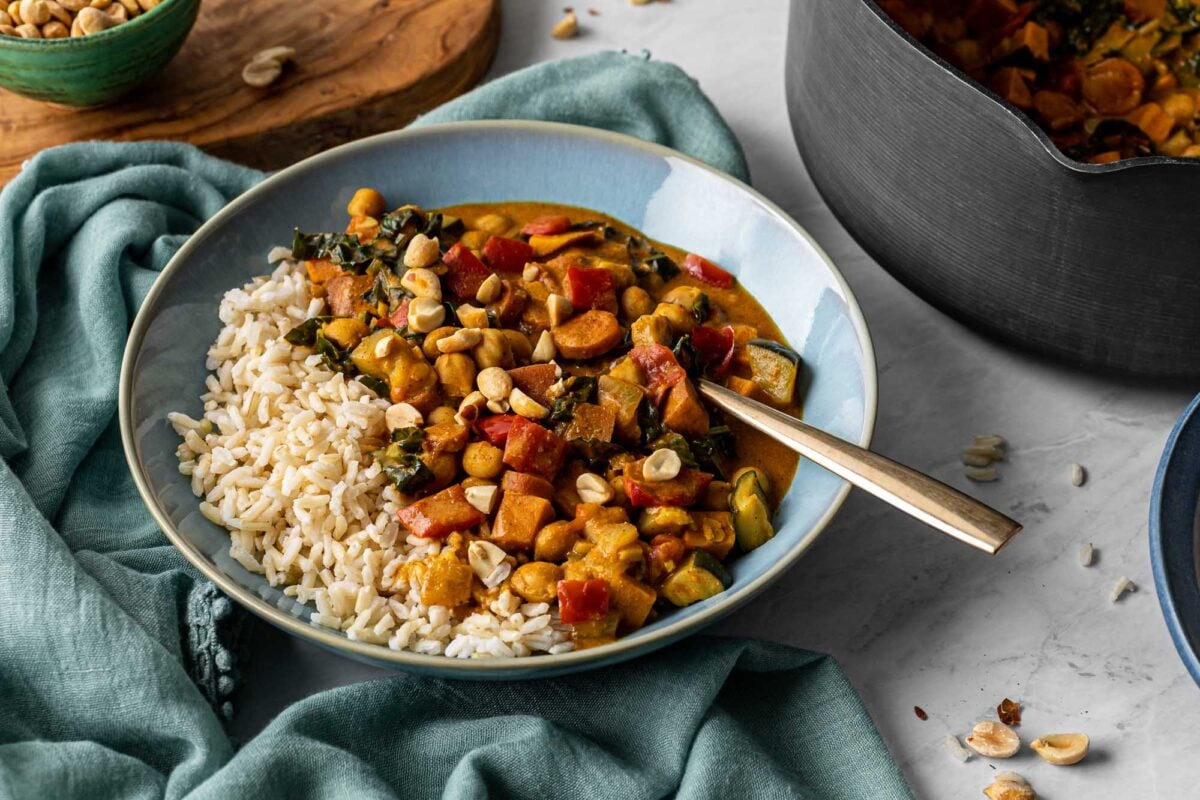 A peanut and coconut vegetable curry made to a vegan recipe