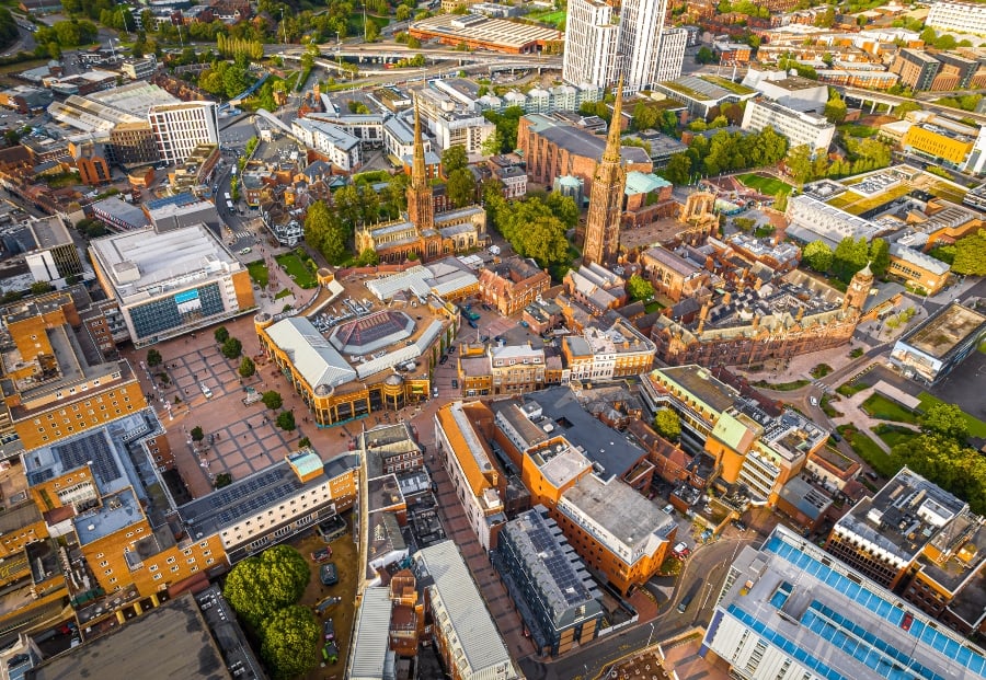 Aerial view of Coventry, which has been named the most affordable UK city for vegan food