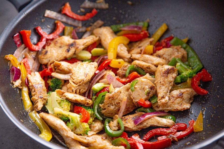 Heura chicken pieces cooked with peppers
