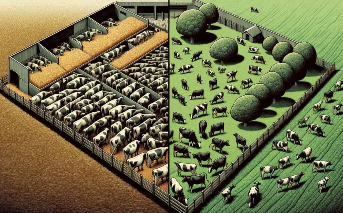 A graphic image depicting cows on an intensive farm on one side, and cows in a green field on the other