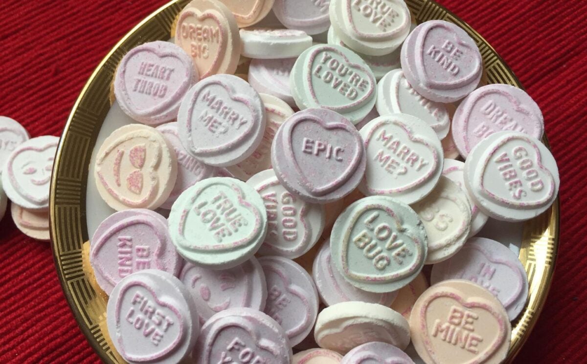 Love Hearts sweets in a bowl