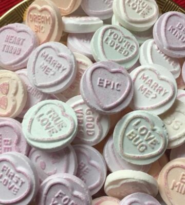 Love Hearts sweets in a bowl
