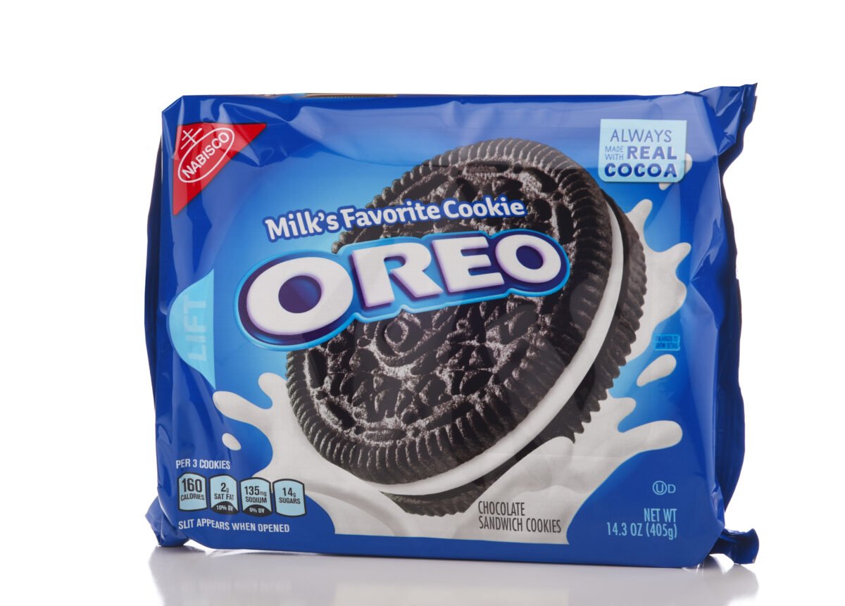 A packet of vegan-friendly cookie Oreos, which may contain milk