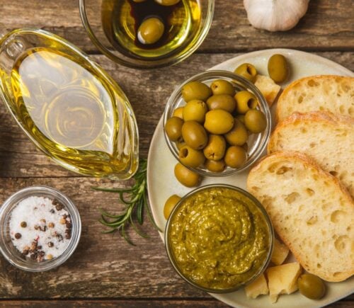 A selection of bread and olives, part of the Mediterranean diet