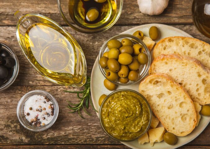 A selection of bread and olives, part of the Mediterranean diet
