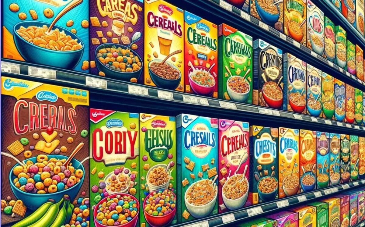 An AI-generated image of an assortment of colorful breakfast cereals on a supermarket shelf
