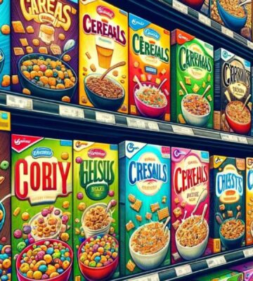 An AI-generated image of an assortment of colorful breakfast cereals on a supermarket shelf