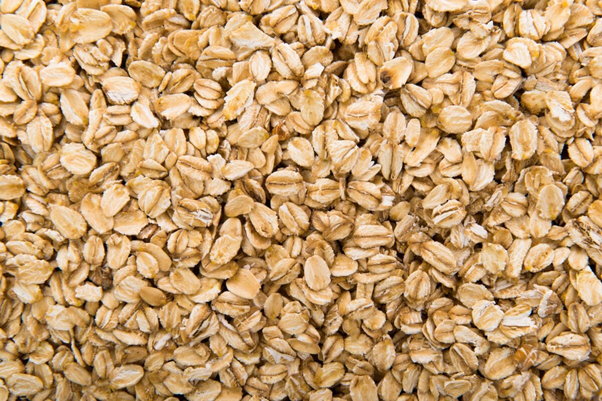 A pile of oats, which are used to make oat milk, and environmentally friendly choice