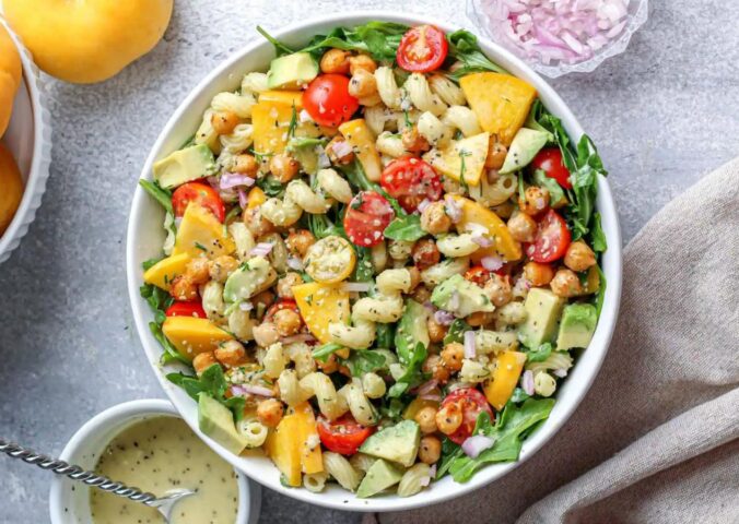A peach and pasta salad, a quick and easy vegan dinner idea