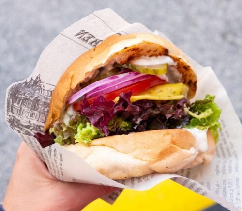 Person holding a vegan burger