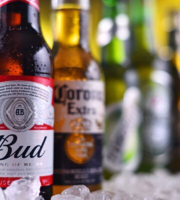 Photo shows a row of beers on ice, including three bottles closest to the camera. They are, from left to right, Stella Artois, Budweiser, and Corona.