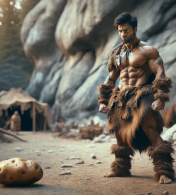 Vegan caveman stares down a potato