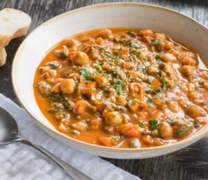 A vegan Spanish chickpea and spinach stew