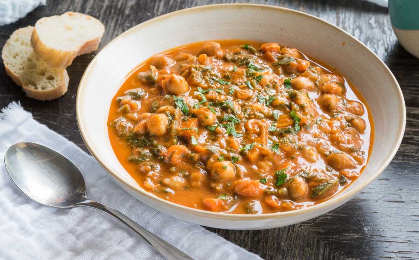 A vegan Spanish chickpea and spinach stew