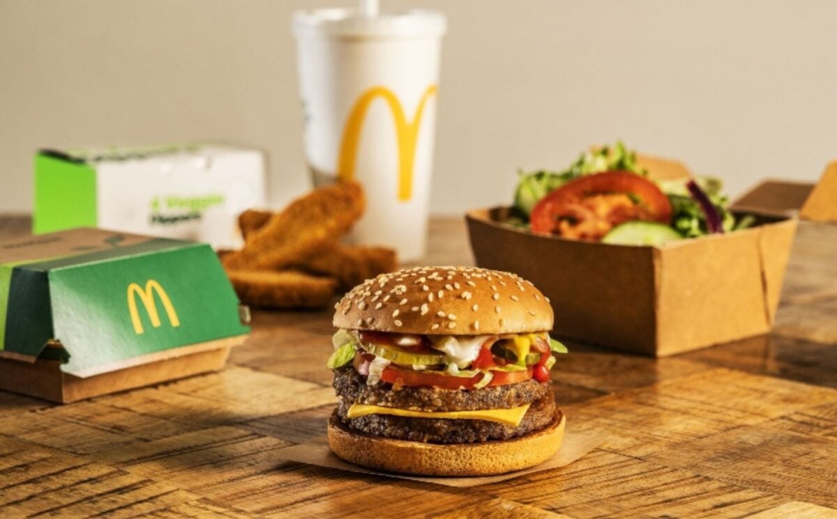 A vegan burger, nuggets, drink, and sides from fast food chain McDonald's