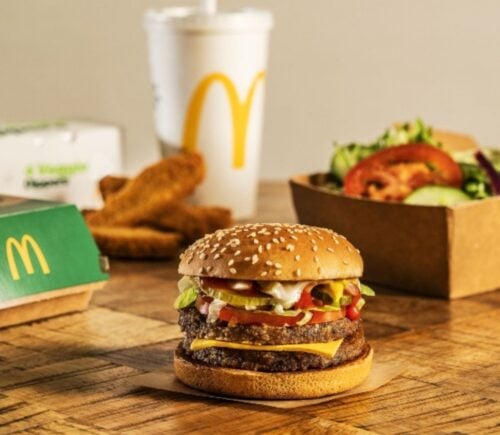 A vegan burger, nuggets, drink, and sides from fast food chain McDonald's