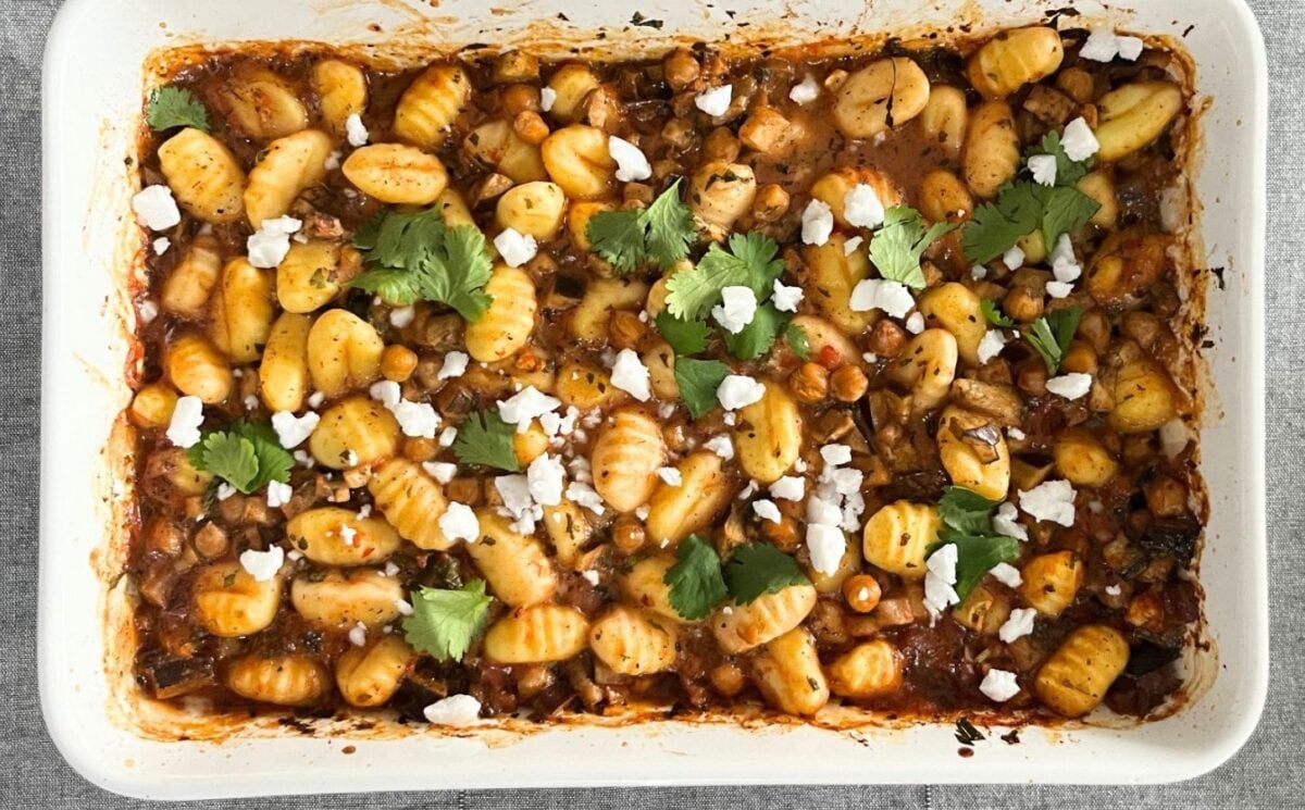 A vegan gnocchi recipe made with dairy-free feta