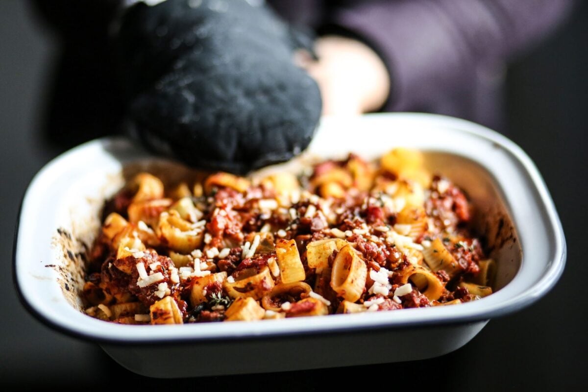 This vegan pasta recipe features aubergine and lentils
