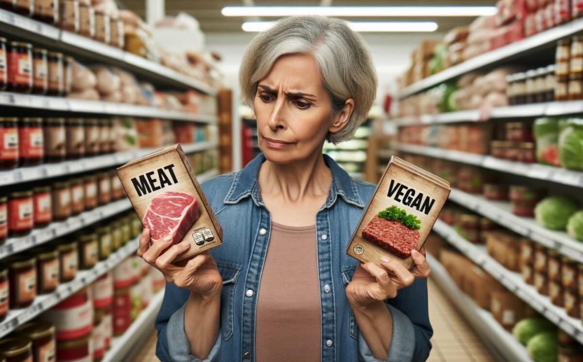 An AI-generated image of a confused shopper looking at labels of ultra-processed foods