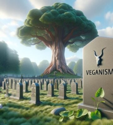 An AI-generated image showing a tomb stone reading "veganism" in a grave yard
