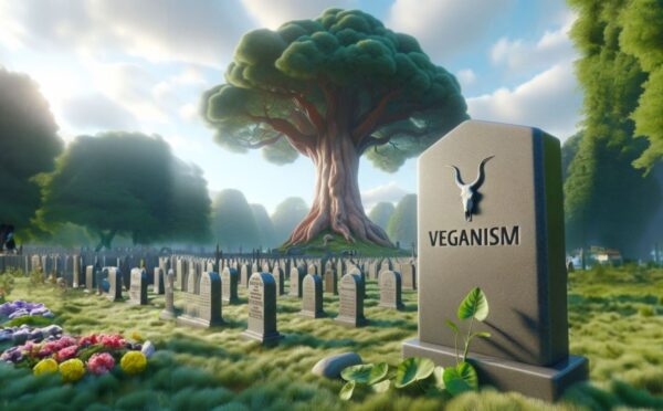 An AI-generated image showing a tomb stone reading "veganism" in a grave yard