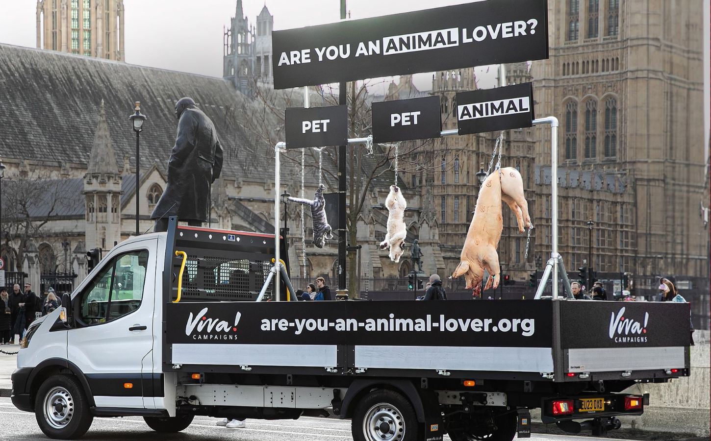 Viva! stunt with dead animals displayed on a truck in London