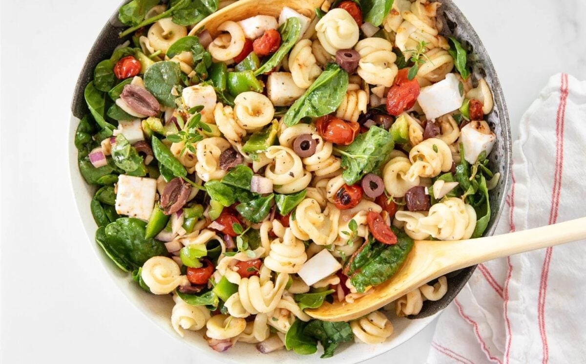 A vegan Greek pasta salad, a vegan weeknight dinner idea