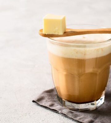 A cup of bulletproof coffee, a type of keto coffee containing butter