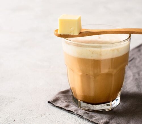 A cup of bulletproof coffee, a type of keto coffee containing butter