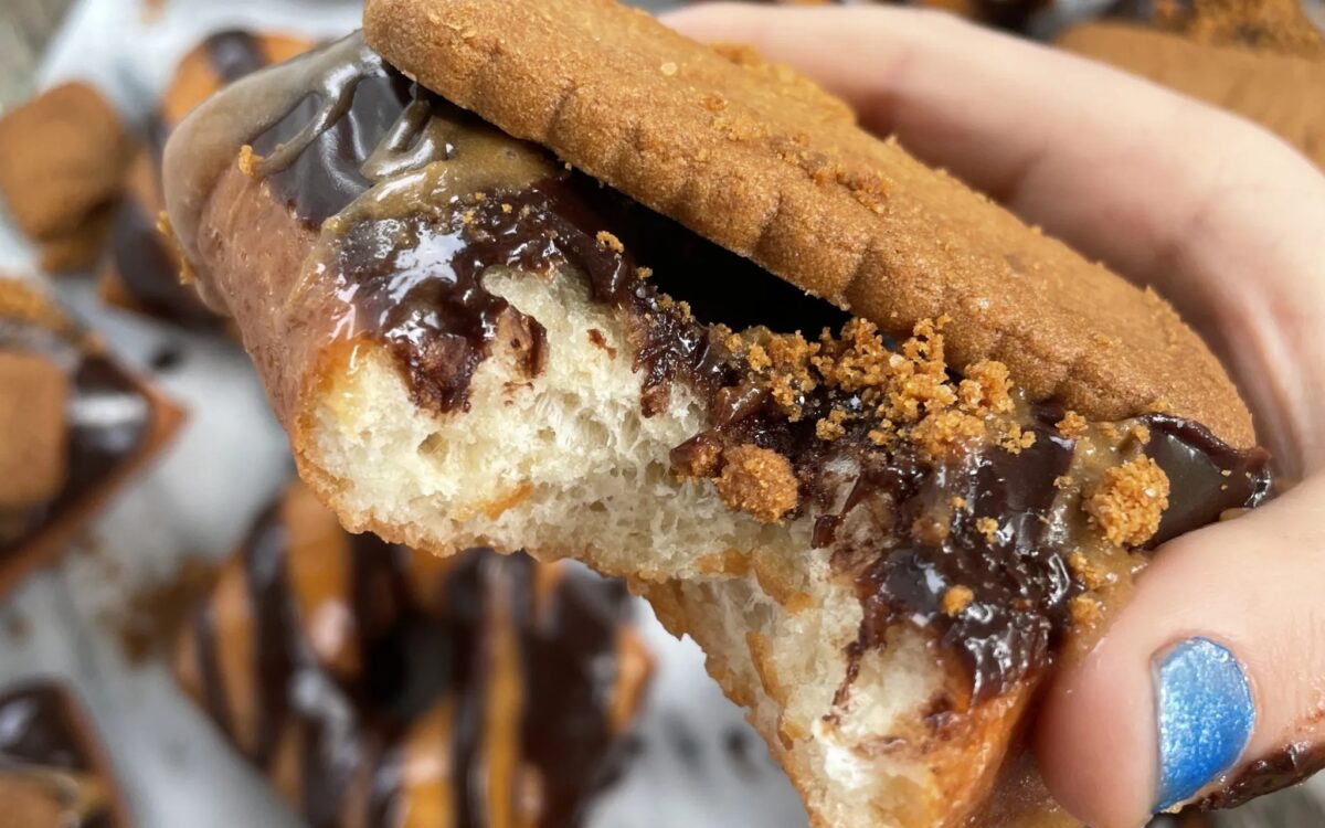 A vegan Biscoff donut cooked to a dairy-free recipe