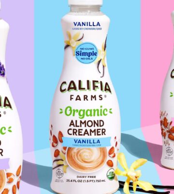 Triptych image made with photos of each new Califia Farms organic plant-based creamer. From left to right, Lavender, Vanilla, and Brown Sugar.