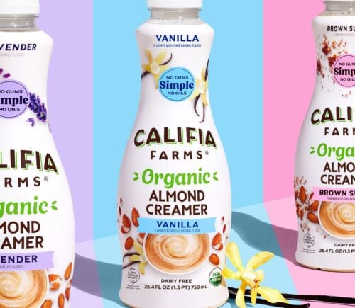 Triptych image made with photos of each new Califia Farms organic plant-based creamer. From left to right, Lavender, Vanilla, and Brown Sugar.