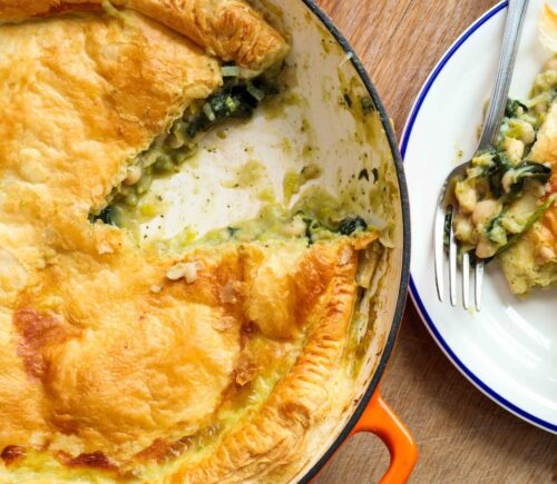 Creamy cannellini pie made with plant-based puff pastry, pesto and protein-packed cannellini beans