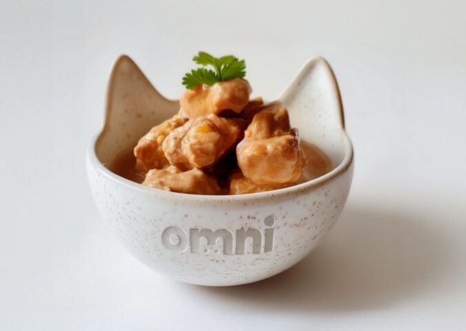 A bowl of cat food made from cultivated chicken in a bowl reading "omni"