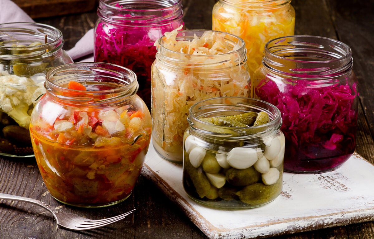 Jars of various fermented vegetables