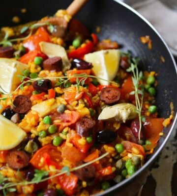 A vegetable paella made to a vegan, high fiber recipe