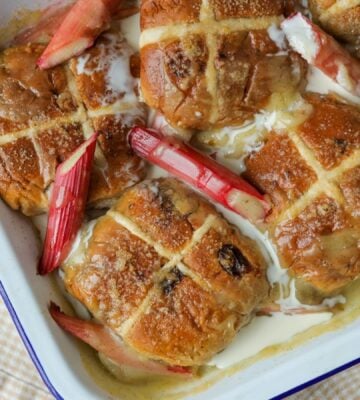 Vegan Easter hot cross bun bread and butter pudding recipe made with rhubarb and vegan custard