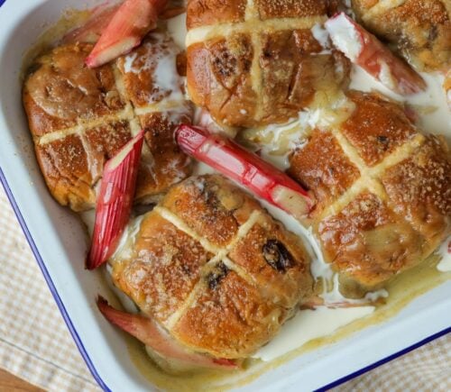 Vegan Easter hot cross bun bread and butter pudding recipe made with rhubarb and vegan custard