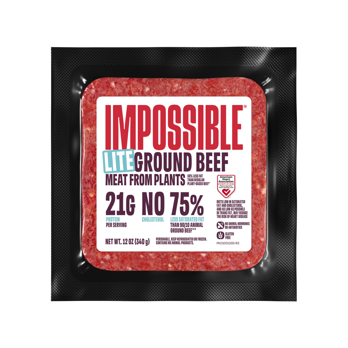 Photo shows a package of Impossible's plant-based Ground Beef with new red packaging