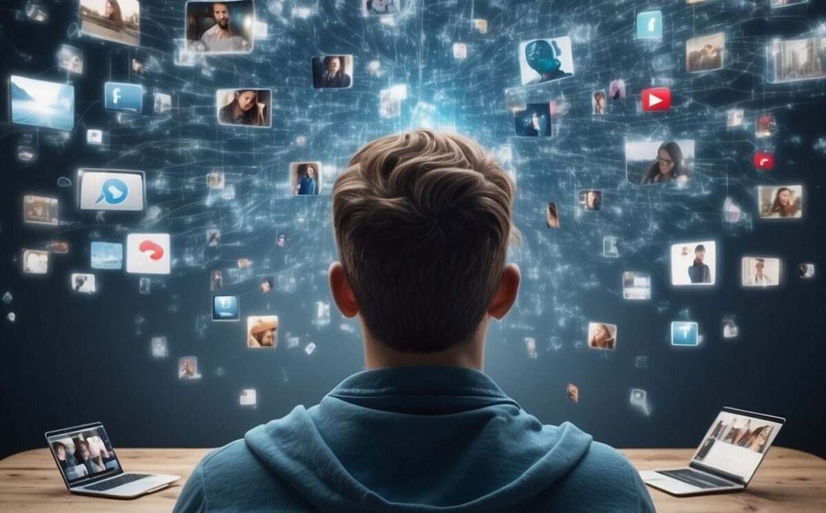 An AI generated image of a person surrounded by different computer screens