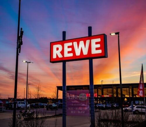 The outside of supermarket chain REWE, which is opening a fully plant-based version