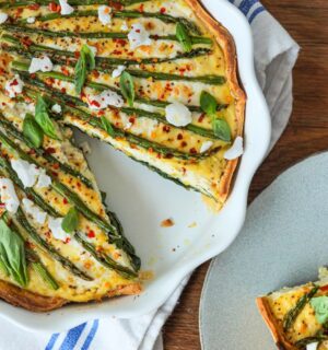 A vegan spring pie recipe made with dairy-free cheese and vegetables
