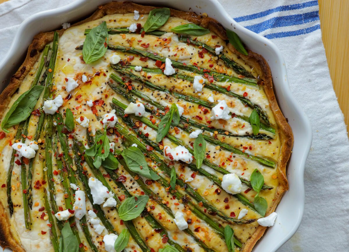 A vegan spring pie recipe made with dairy-free cheese and vegetables