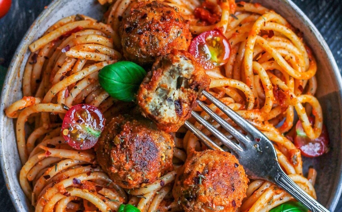 A zinc-packed vegan pasta dish made with tempeh meatballs