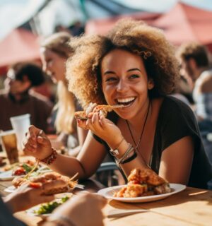 An AI-generated image of a woman eating vegan food at a festival