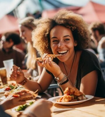 An AI-generated image of a woman eating vegan food at a festival