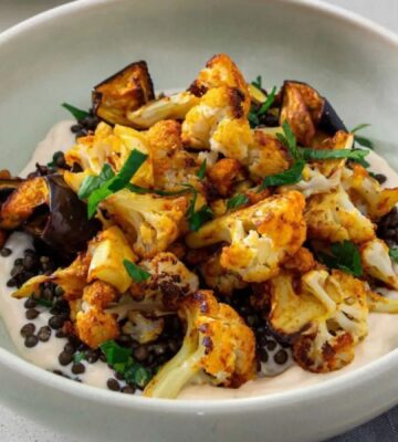 A vegan cauliflower bowl with coconut yogurt