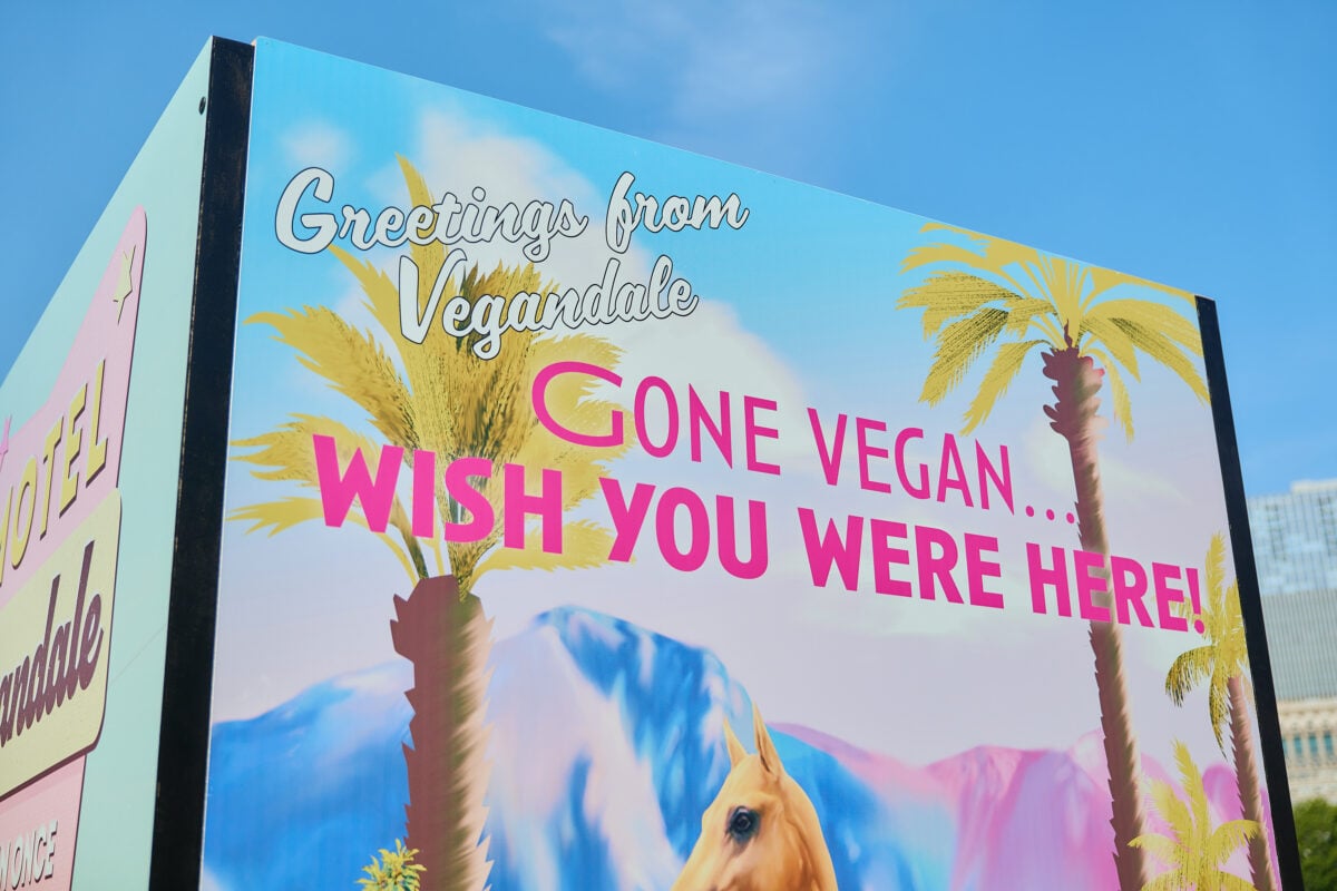 A sign at vegan festival Vegandale reading "Gone vegan... Wish you were here!"